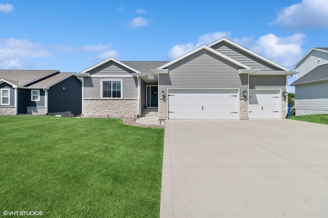 2670 Long Ave, Van Meter, IA 50261 - view of front facade with stone siding, driveway, an attached garage, and a front lawn