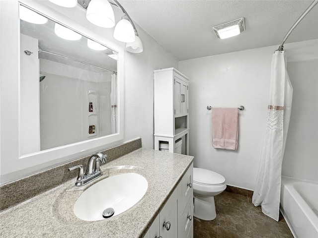 9513 University Ave Unit 12, Clive, IA 50325 - full bath featuring vanity, a textured ceiling, shower / bathtub combination with curtain, and tile patterned flooring