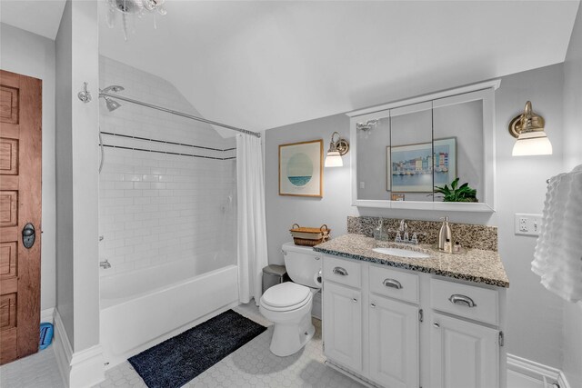 3602 64th St, Urbandale, IA 50322 - full bath with shower / bathtub combination with curtain, vanity, tile patterned flooring, and vaulted ceiling