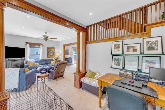 3602 64th St, Urbandale, IA 50322 - living room with ornate columns, carpet floors, recessed lighting, a ceiling fan, and an office area