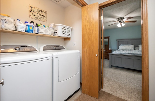 5030 Oakcreek Dr, Norwalk, IA 50211 - washroom featuring carpet floors, washer and dryer, and ceiling fan
