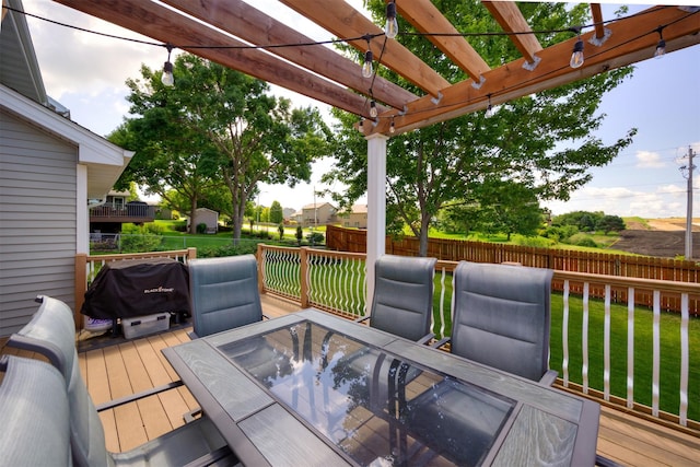 5030 Oakcreek Dr, Norwalk, IA 50211 - wooden terrace with outdoor dining area, a fenced backyard, a pergola, and grilling area