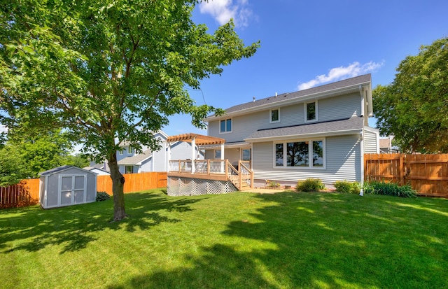 5030 Oakcreek Dr, Norwalk, IA 50211 - back of property featuring a pergola, a shed, a fenced backyard, and a deck