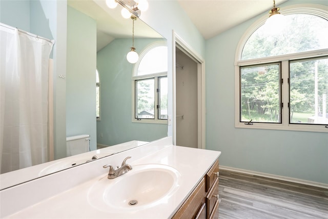 1711 Plaza Cir, Windsor Heights, IA 50324 - full bath with healthy amount of natural light, vanity, wood finished floors, a shower with shower curtain, and lofted ceiling