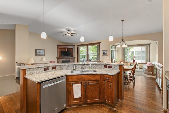 6054 Bradford Ln, Johnston, IA 50131 - kitchen with dishwasher, open floor plan, dark wood finished floors, lofted ceiling, and ceiling fan