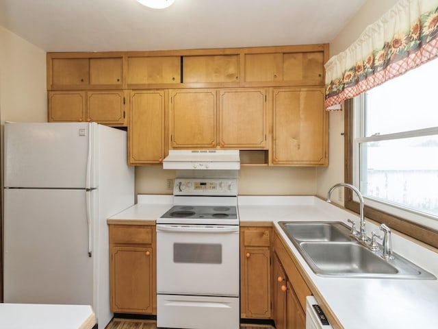 1122 E Ave E, Albia, IA 52531 - kitchen with white appliances, under cabinet range hood, and light countertops