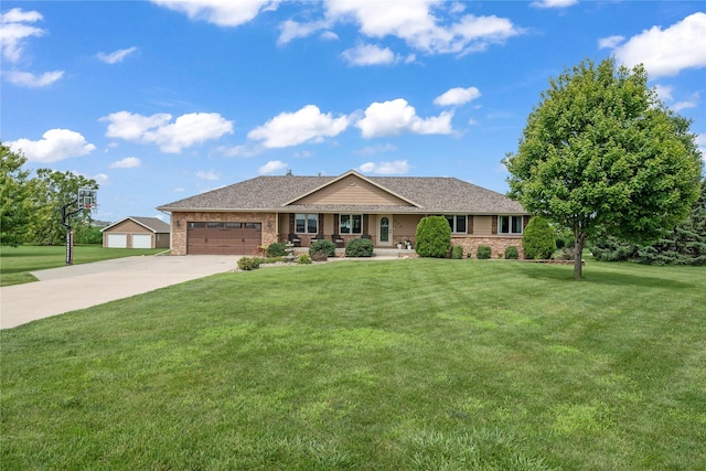 904 Pleasant St SE, Bondurant, IA 50035 - ranch-style house featuring driveway, a front yard, an attached garage, covered porch, and stone siding