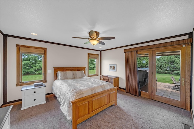 904 Pleasant St SE, Bondurant, IA 50035 - carpeted bedroom with access to exterior, multiple windows, ornamental molding, ceiling fan, and a textured ceiling