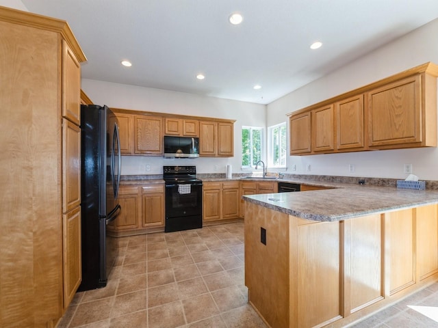 705 SE Whitetail Ln, Waukee, IA 50263 - kitchen with black appliances, a peninsula, recessed lighting, and light tile patterned floors