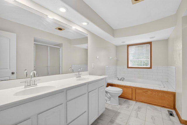 3413 Brook Run Dr, Des Moines, IA 50317 - bathroom with marble look tile flooring, a garden tub, double vanity, recessed lighting, and a shower stall