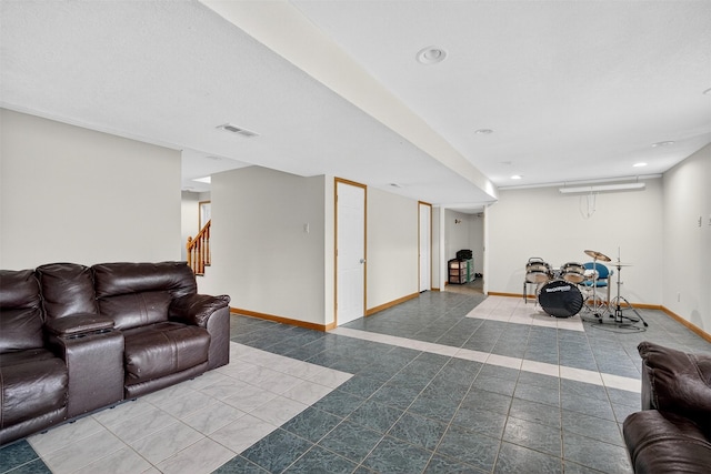 3413 Brook Run Dr, Des Moines, IA 50317 - living area with stairs, recessed lighting, and tile patterned floors