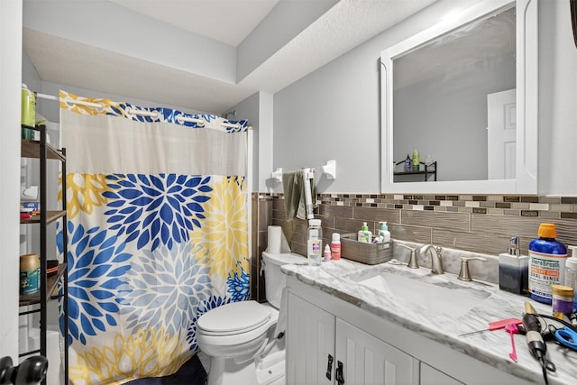 3413 Brook Run Dr, Des Moines, IA 50317 - bathroom featuring vanity, a shower with curtain, and decorative backsplash