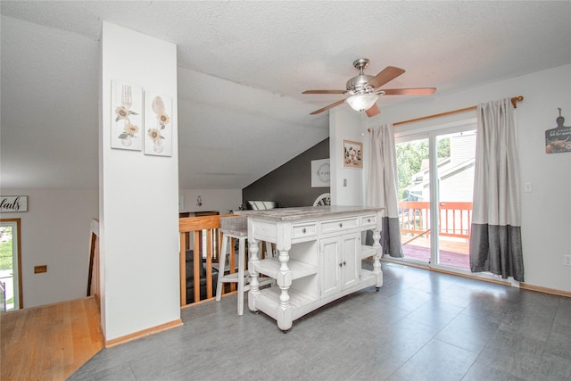 5420 SW 13th St, Des Moines, IA 50315 - living area featuring ceiling fan, vaulted ceiling, and a textured ceiling