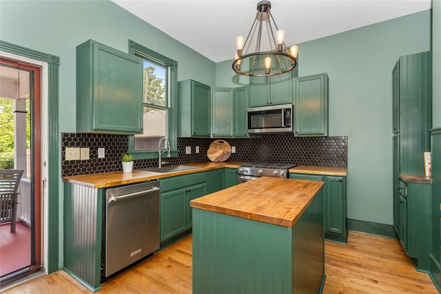 658 20th St, Des Moines, IA 50314 - kitchen with stainless steel appliances, wood counters, and green cabinetry