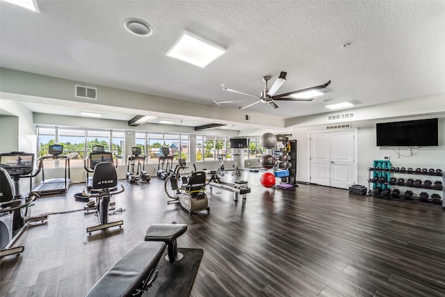 9065 Bishop Dr Unit 314, West Des Moines, IA 50266 - workout area featuring ceiling fan, wood finished floors, and a textured ceiling