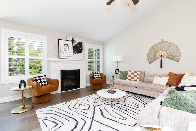 2529 SE Integra Ave, West Des Moines, IA 50265 - living area with healthy amount of natural light, ceiling fan, wood finished floors, and lofted ceiling