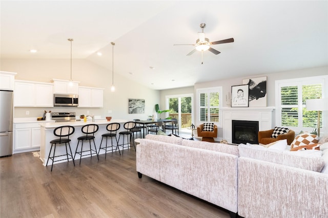 2529 SE Integra Ave, West Des Moines, IA 50265 - living area featuring wood finished floors, a ceiling fan, plenty of natural light, and high vaulted ceiling