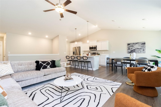 2529 SE Integra Ave, West Des Moines, IA 50265 - living room featuring a ceiling fan, dark wood-style floors, recessed lighting, and high vaulted ceiling