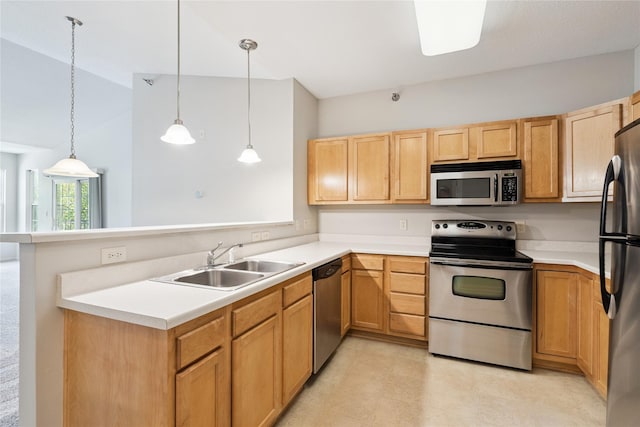 1313 SE University Ave Unit 206, Waukee, IA 50263 - kitchen with stainless steel appliances, a peninsula, light countertops, decorative light fixtures, and high vaulted ceiling