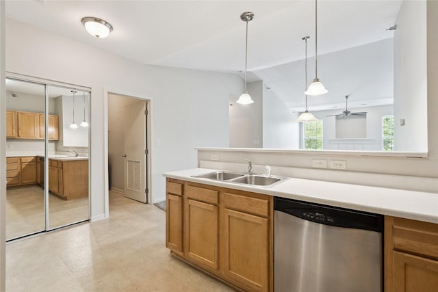 1313 SE University Ave Unit 206, Waukee, IA 50263 - kitchen with dishwasher, hanging light fixtures, ceiling fan, and light countertops