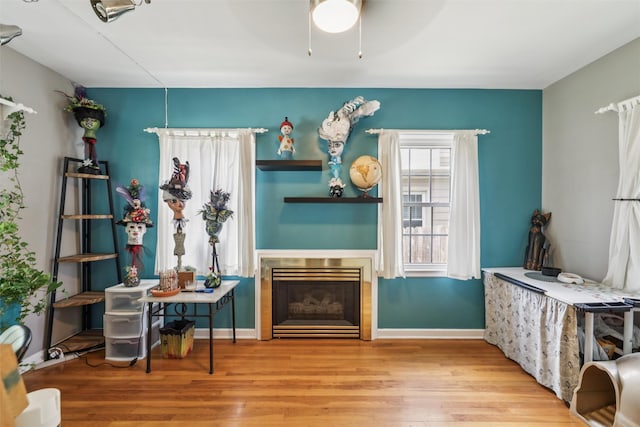 3923 Maquoketa Dr, Des Moines, IA 50311 - sitting room with wood finished floors, a ceiling fan, and a fireplace