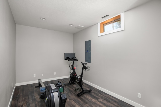 13001 Twana Dr, Urbandale, IA 50323 - workout room with electric panel, dark wood-style floors, and recessed lighting