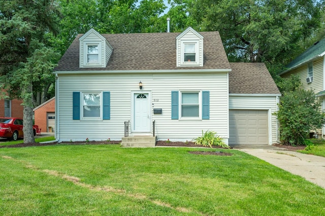 512 11th St, West Des Moines, IA 50265 - cape cod home with driveway, an attached garage, a front lawn, and a shingled roof
