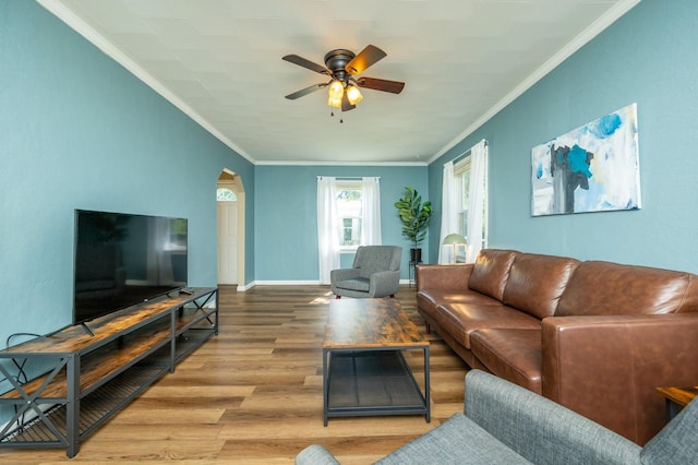 512 11th St, West Des Moines, IA 50265 - living area featuring wood finished floors, crown molding, and a ceiling fan