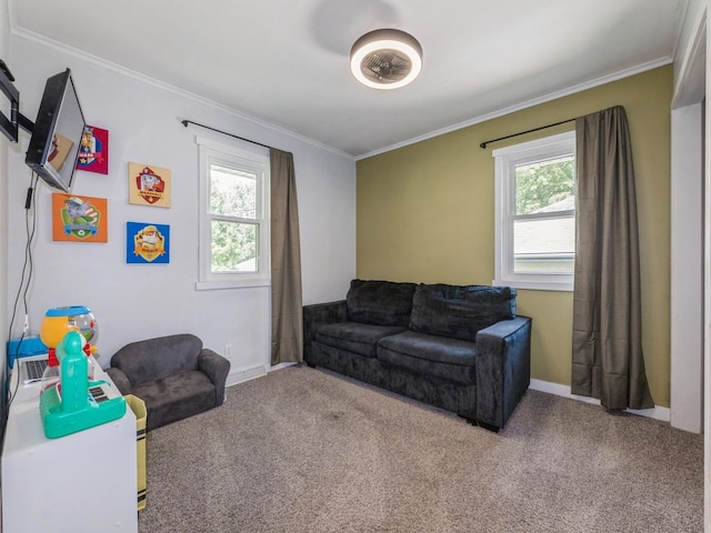 2300 Locust St, West Des Moines, IA 50265 - carpeted living room with ornamental molding and baseboards