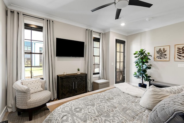 710 Peace St Unit 3D, Pella, IA 50219 - bedroom with crown molding, access to exterior, recessed lighting, and ceiling fan
