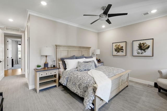 710 Peace St Unit 3D, Pella, IA 50219 - bedroom with crown molding, light carpet, recessed lighting, and ceiling fan