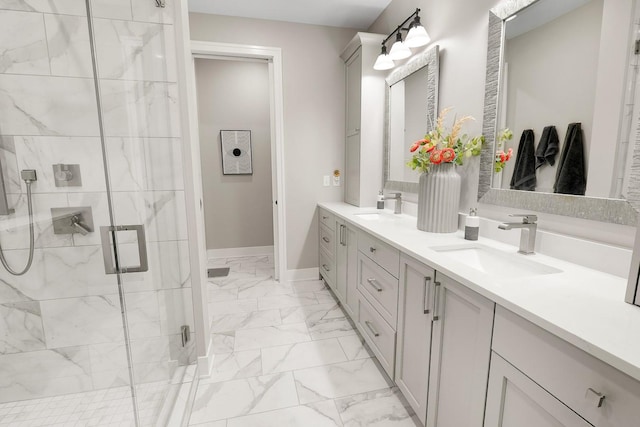 710 Peace St Unit 3D, Pella, IA 50219 - full bath with marble finish floors, double vanity, and a stall shower