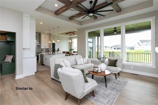 790 Hamilton Rd, Waukee, IA 50263 - living room with coffered ceiling, a ceiling fan, recessed lighting, light wood finished floors, and beam ceiling