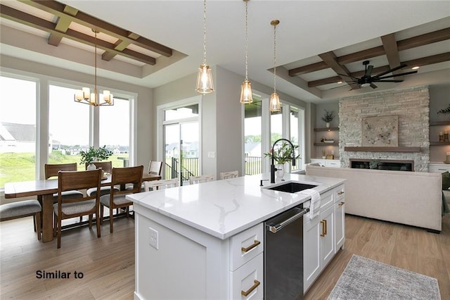 790 Hamilton Rd, Waukee, IA 50263 - kitchen with coffered ceiling, dishwasher, a fireplace, ceiling fan, and light wood-type flooring