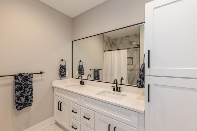 17965 Hammontree Cir, Clive, IA 50325 - bathroom featuring marble finish floors, double vanity, and a shower with shower curtain