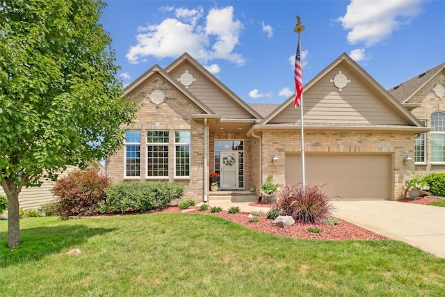 3607 152nd St, Urbandale, IA 50323 - view of front of house featuring a front lawn, concrete driveway, brick siding, and a garage