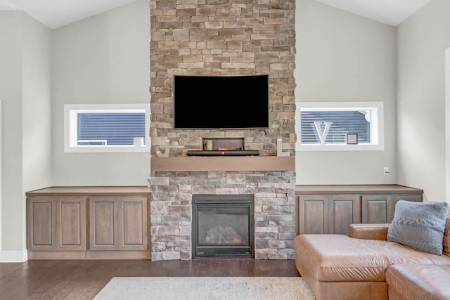 1965 SE Waddell Way, Waukee, IA 50263 - living room with wood finished floors, a stone fireplace, lofted ceiling, and plenty of natural light