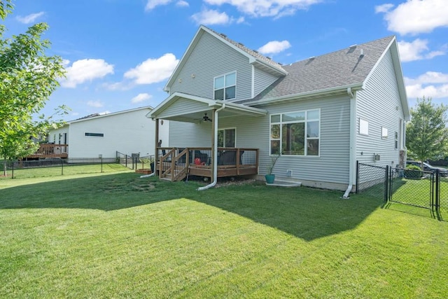 1965 SE Waddell Way, Waukee, IA 50263 - back of house featuring a gate, a deck, a fenced backyard, a ceiling fan, and roof with shingles