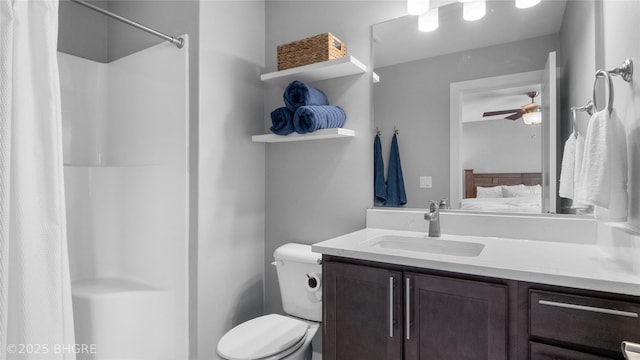 1208 NE 21st St, Grimes, IA 50111 - full bath with vanity, ensuite bath, ceiling fan, and a shower with shower curtain