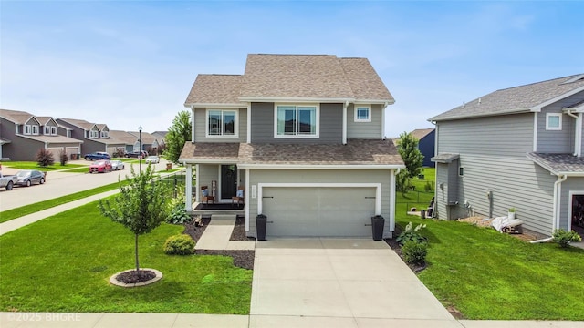 1208 NE 21st St, Grimes, IA 50111 - traditional-style home featuring a front yard, a residential view, roof with shingles, concrete driveway, and a garage