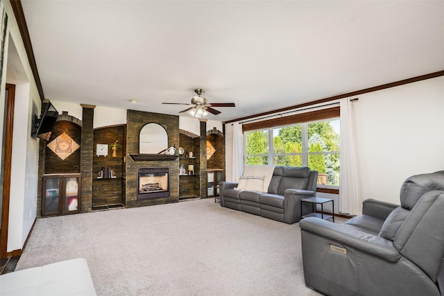 4785 Windsor Cir, Pleasant Hill, IA 50327 - carpeted living area with a ceiling fan and a large fireplace