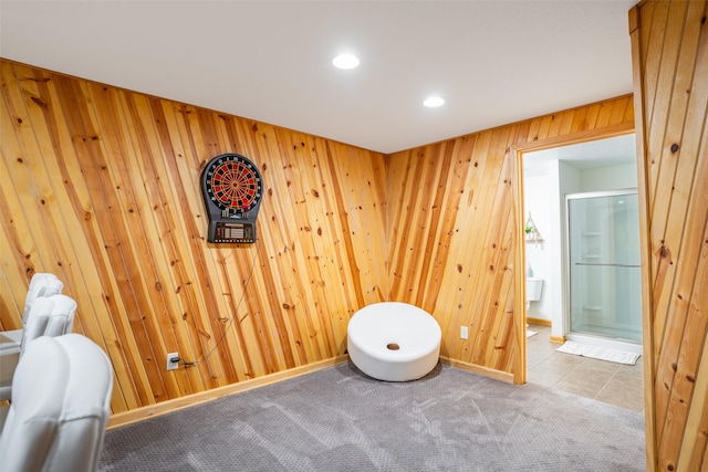 4785 Windsor Cir, Pleasant Hill, IA 50327 - misc room with wood walls, carpet flooring, and recessed lighting