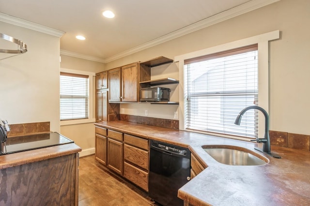 849 39th St, Des Moines, IA 50312 - kitchen with black appliances, open shelves, crown molding, recessed lighting, and brown cabinetry