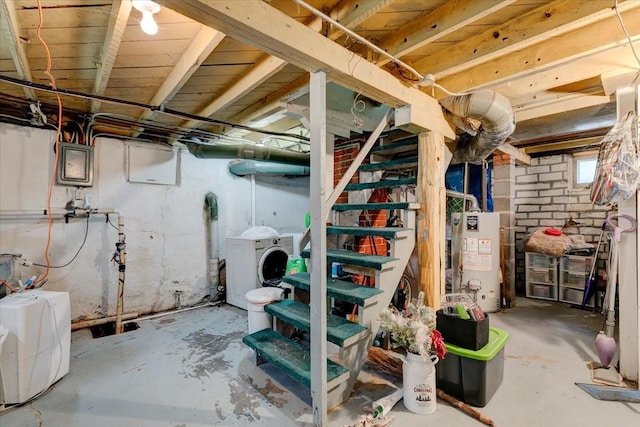 616 4th St, West Des Moines, IA 50265 - basement with washing machine and clothes dryer, gas water heater, and stairs