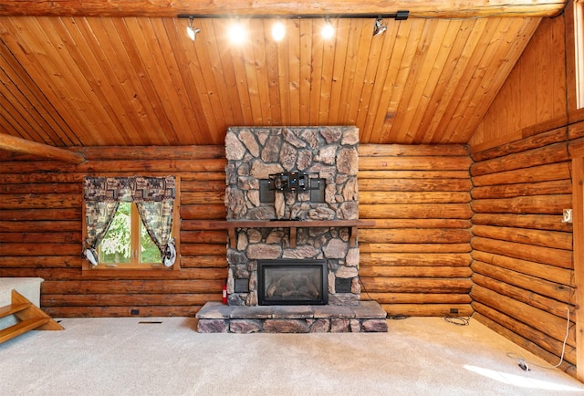 702 Jasper Ave NE, Mitchellville, IA 50169 - unfurnished living room with carpet, log walls, wood ceiling, and a fireplace