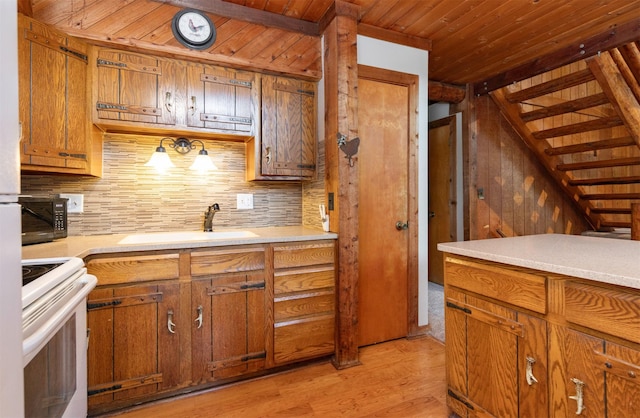 702 Jasper Ave NE, Mitchellville, IA 50169 - kitchen featuring white electric range, backsplash, wooden ceiling, brown cabinetry, and black microwave