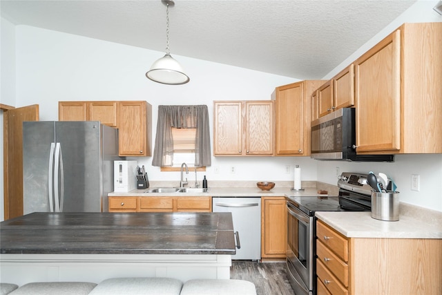 6217 Welker Ave, Des Moines, IA 50312 - kitchen with appliances with stainless steel finishes, vaulted ceiling, hanging light fixtures, light countertops, and light wood finished floors