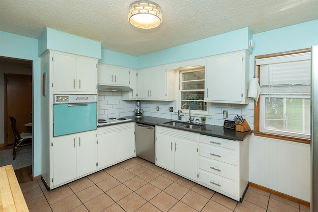 2525 27th Pl, Des Moines, IA 50310 - kitchen with wall oven, stainless steel dishwasher, white electric cooktop, under cabinet range hood, and decorative backsplash