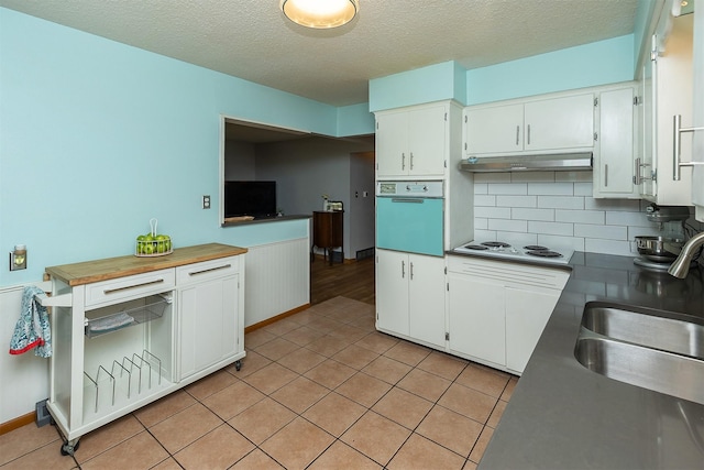 2525 27th Pl, Des Moines, IA 50310 - kitchen with wall oven, under cabinet range hood, white cabinetry, tasteful backsplash, and a wainscoted wall