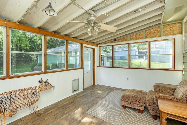 2525 27th Pl, Des Moines, IA 50310 - sunroom / solarium featuring wood-type flooring, rail lighting, and ceiling fan